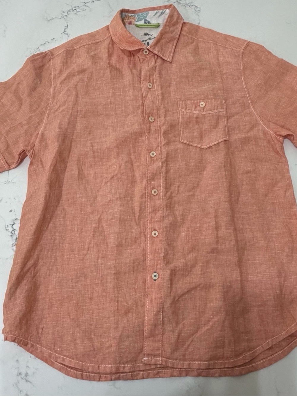 Tommy Bahama Men’s Coral Peach 100% Linen Camp Shirt Floral Trim - Medium